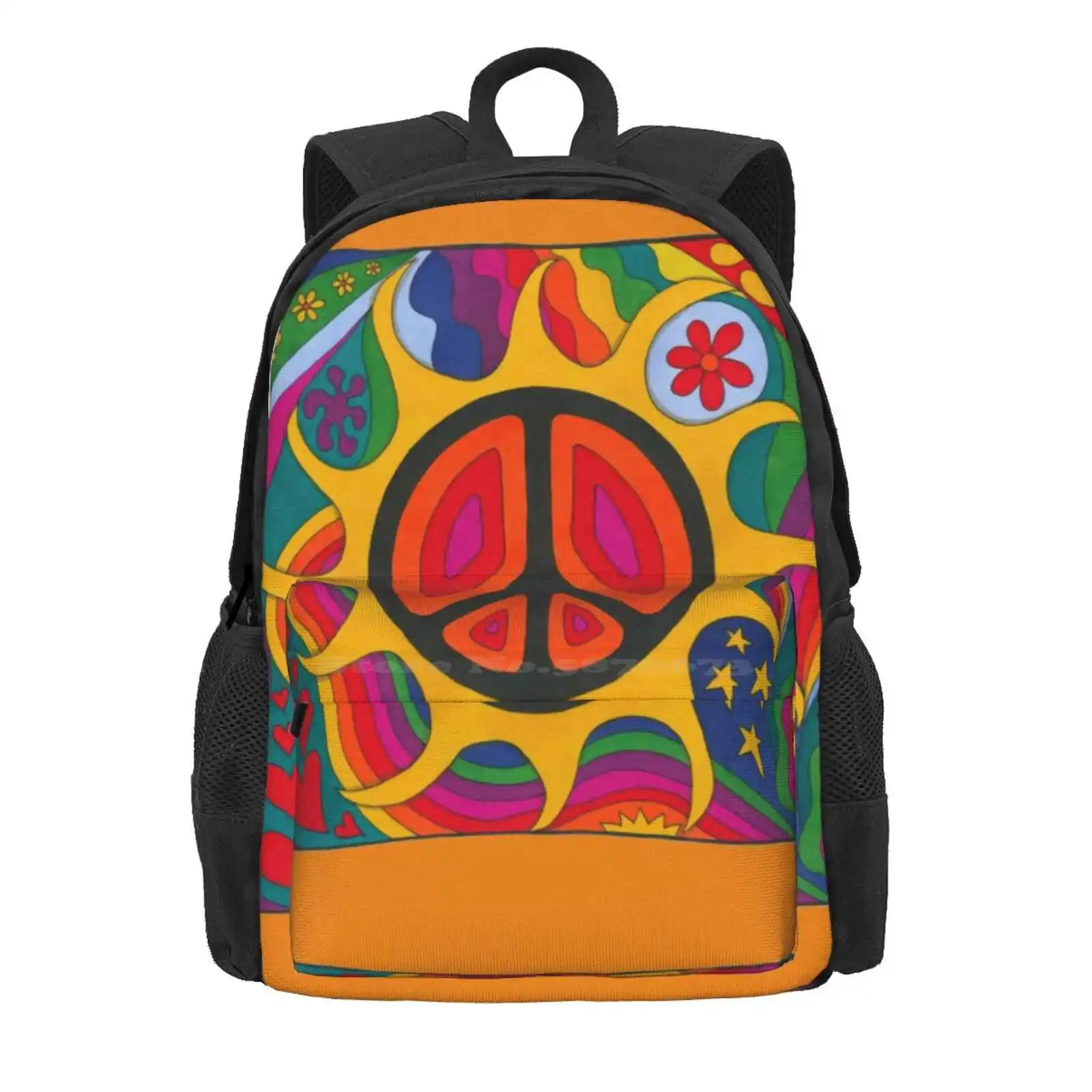 Psychedelic Flaming Peace Hot Sale Schoolbag Backpack Fashion Bags Peace Psychedelic Love Rainbow Colourful Hippy Hippie 60S