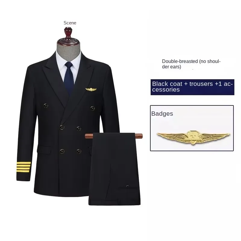 Air Captain Uniform Male Pilot Airline Uniform Coat Professional Suits Jacket + Pants Aviation Property Workwear Flight Clothing