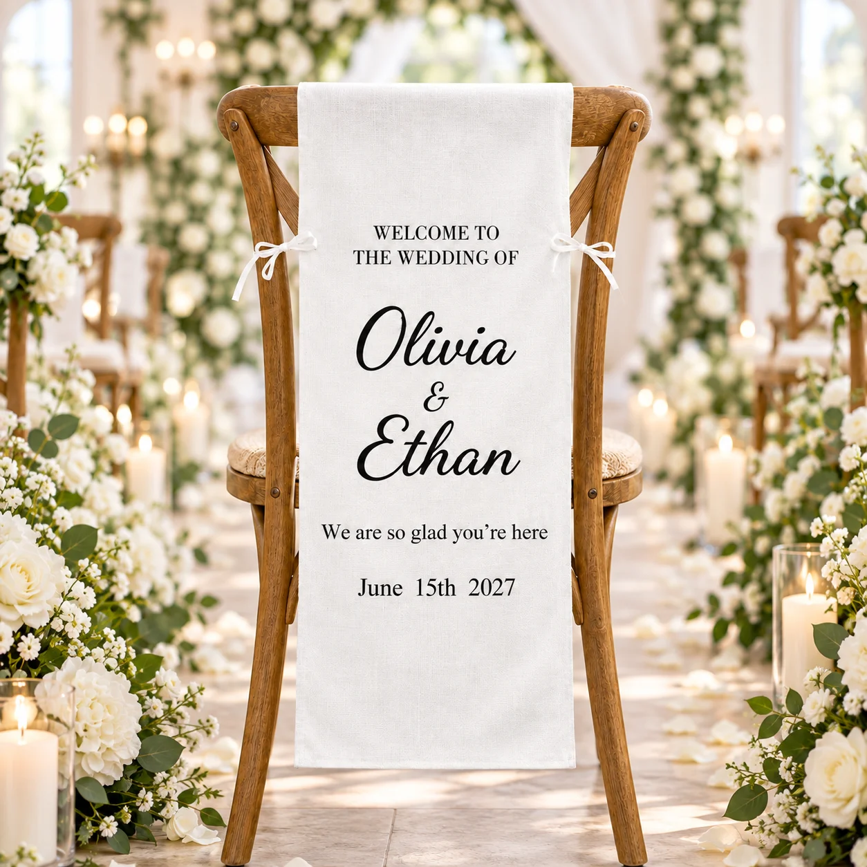 Custom Chair Reservation Sign Linen Look Seat Card, Personalized Wedding Reserved Sign with White Ribbon, Durable Foldable Chair