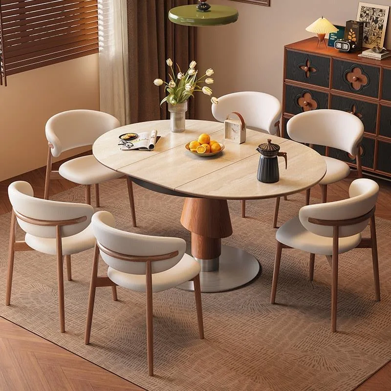 Vintage Style Extendable Dining Table 2026 New Foldable Convertible Wooden Small Round Coffee Table with Travertine Stone Top