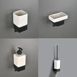 Soporte de cepillo de inodoro para baño, dispensador de loción líquida negra, soporte de vaso montado en la pared, cinta de 3M, soporte para jabonera de cerámica incluida