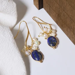 GLSEEVO Natural lapis lazuli Pearl Temperament Drop Earrings Women Girls Party Gift Original Design Luxury Jewellery Gift GE0988