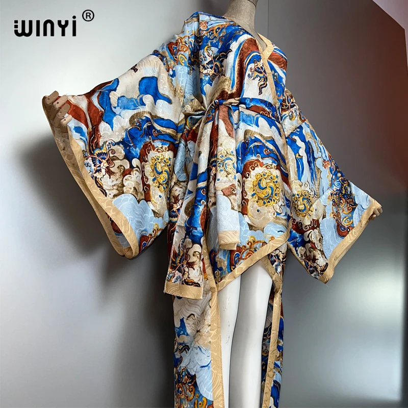 WINYI Summer Beach Wear Cover Up Lady Irregular cardigan printing elegant Silky and skin-friendly sexy Holiday Kimono maxi dress
