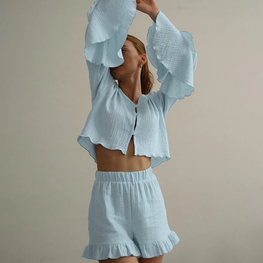 2024 Summer Thin Bubble Wrinkle Cotton Cardigan Ruffled Edge Long Sleeve Shorts 2-piece Set of Ladies Loungewear Sleepwear Women