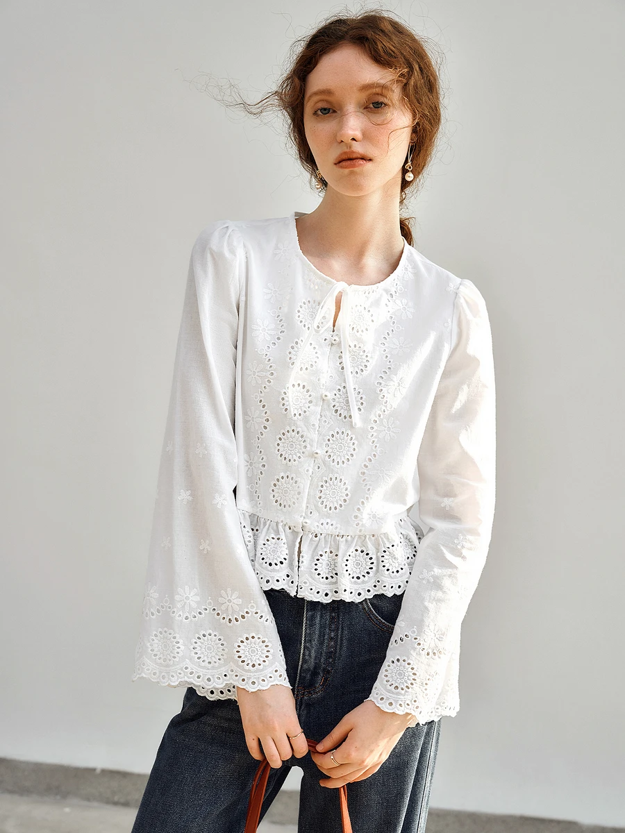 

OLrain French Lace Chiffon Shirt Women's Spring 2025 New Commuter Hollow Shirt N57CX96029