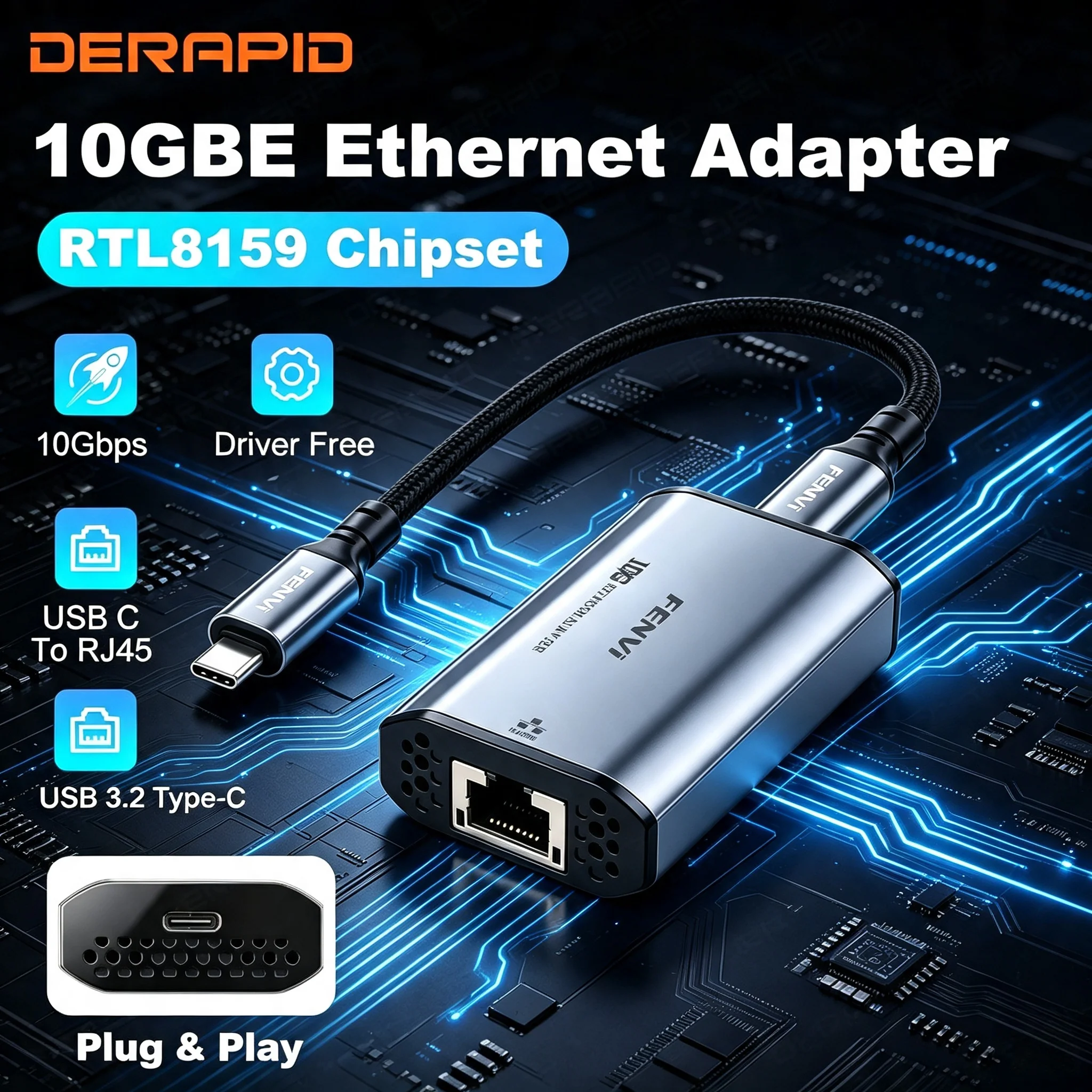 USB 10GbE Ethernet Adapter RTL8159 USB3.2 Gen2x2 Type C to RJ45 10Gbps External NIC Driver Free for Gaming Streaming Desktop PC