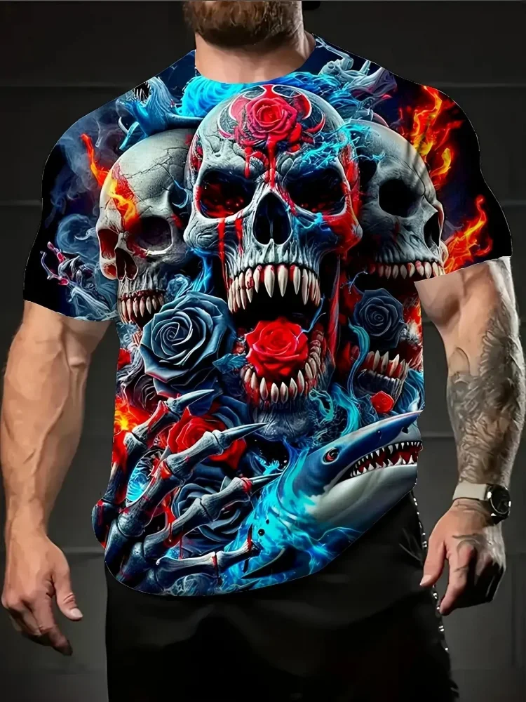 Modisches Neues Street-Style Totenkopf-Print Herren T-Shirt Vintage Gothic Kurzarm Sommer Casual Streetwear Hip-Hop Y2K Kleidung
