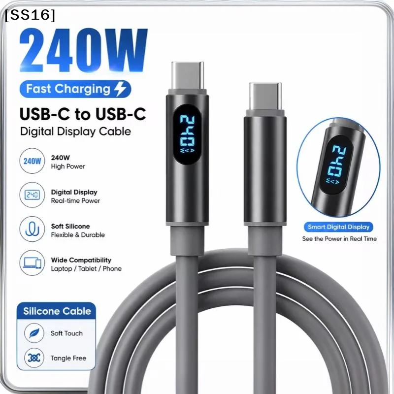 〔SS16〕Soft Silicone Type C Charger Cord 480Mbps 240W LED Digital Display USB C To USB C Fast Charging Cable For Laptop Phone