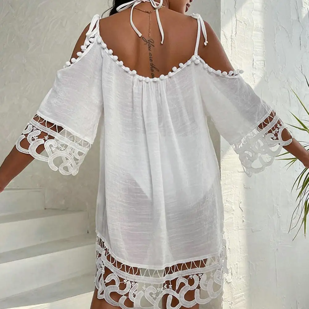 Women's Beach Cover Up Backless Mini Dress, Hollow Out, Half Sleeve, Halter Neck, Small Plush Ball, Lace Crochet, Beach Swimsuit