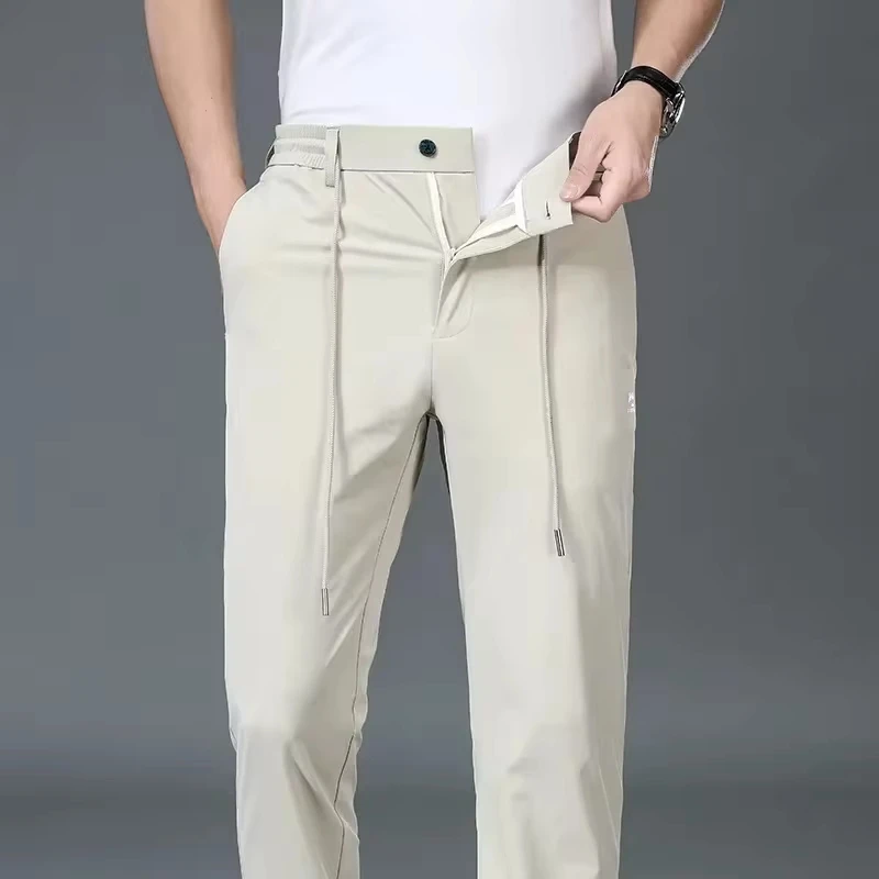 Black Pants Men  Summer New Ice Silk Sports Casual Pants Thin Breathable Elastic Solid Color Mid Straight Trousers