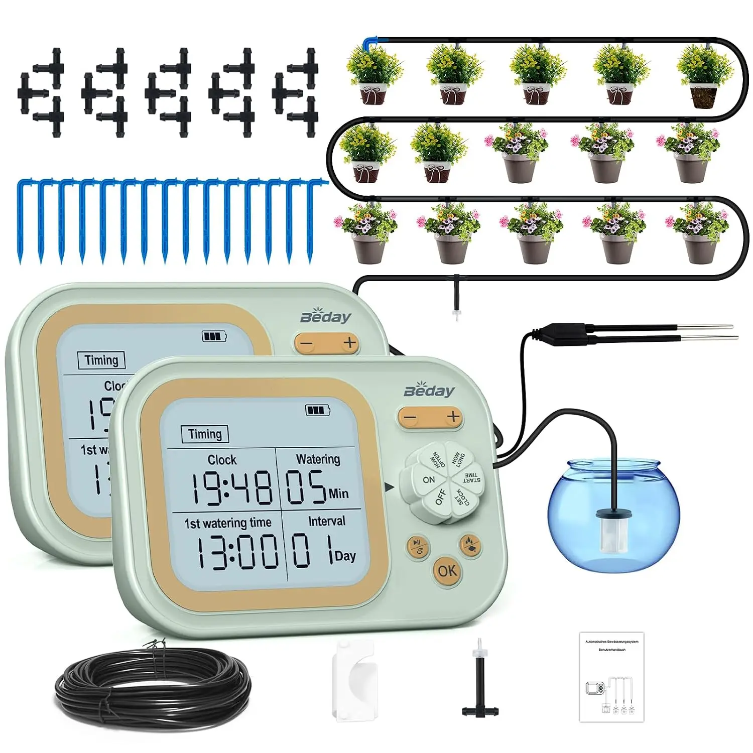 Auto Plant Watering System for 15 Pots, 2-Pack, Smart Humidity Detection, Programmable Timer