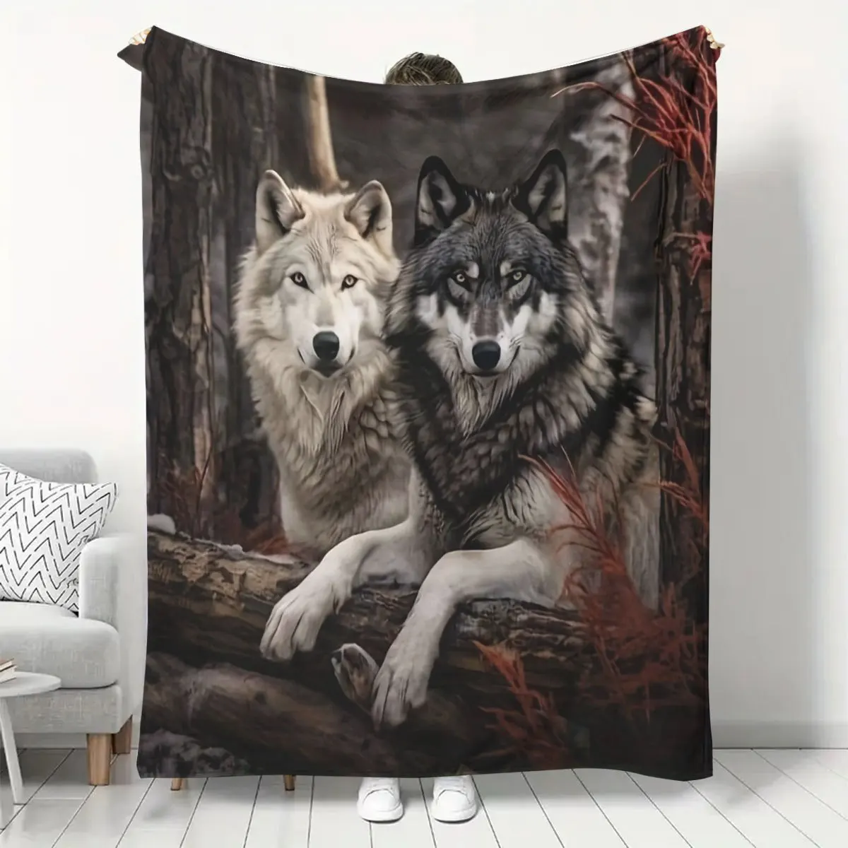 Wolf Pattern Flannel Dorm Office Nap Blanket, Printed Blanket, Gift for Friends, Soft and Warm Flannel Blanket, Suitable for Sof