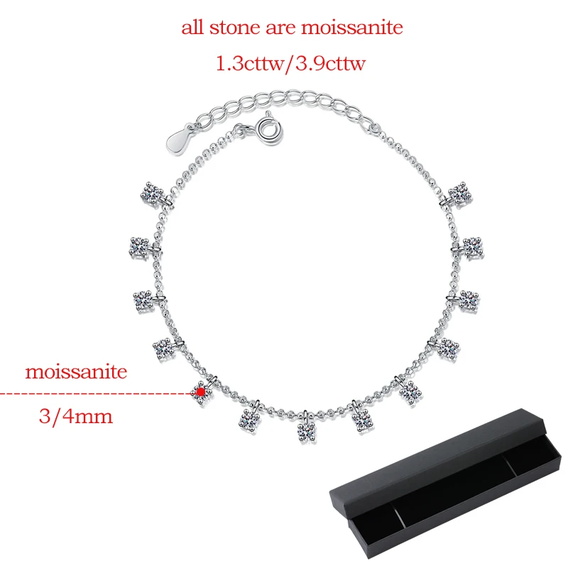 Smyoue 1.3/3.9cttw D Color Moissanite Tassel Bracelet for Women Full Diamond Tennis Bracelet 100% S925 Sterling Silver Chain GRA