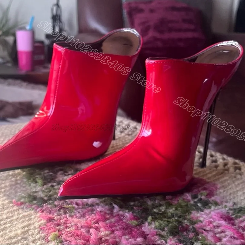 

Red Patent Leather Slip on Slippers Pointed Toe Shallow British Style Stylish Women Party Sexy Slippers 2025 Zapatos Para Mujere