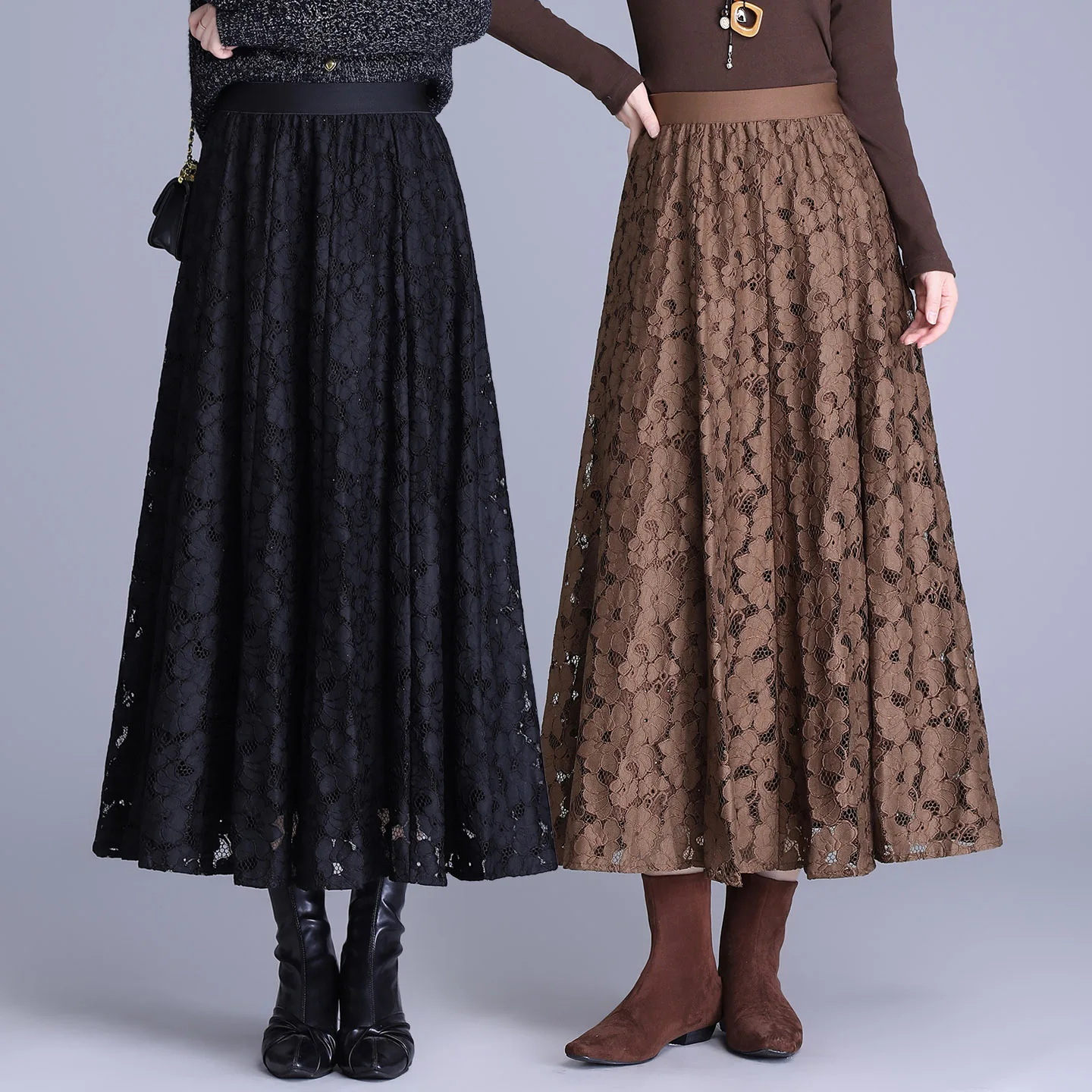 

Юбка А-силуэта с высокой талией, женская кружевная юбка, стройнящая фигуру, скрывающая бедра, модная длинная юбка в корейском стиле для повседневной носки...