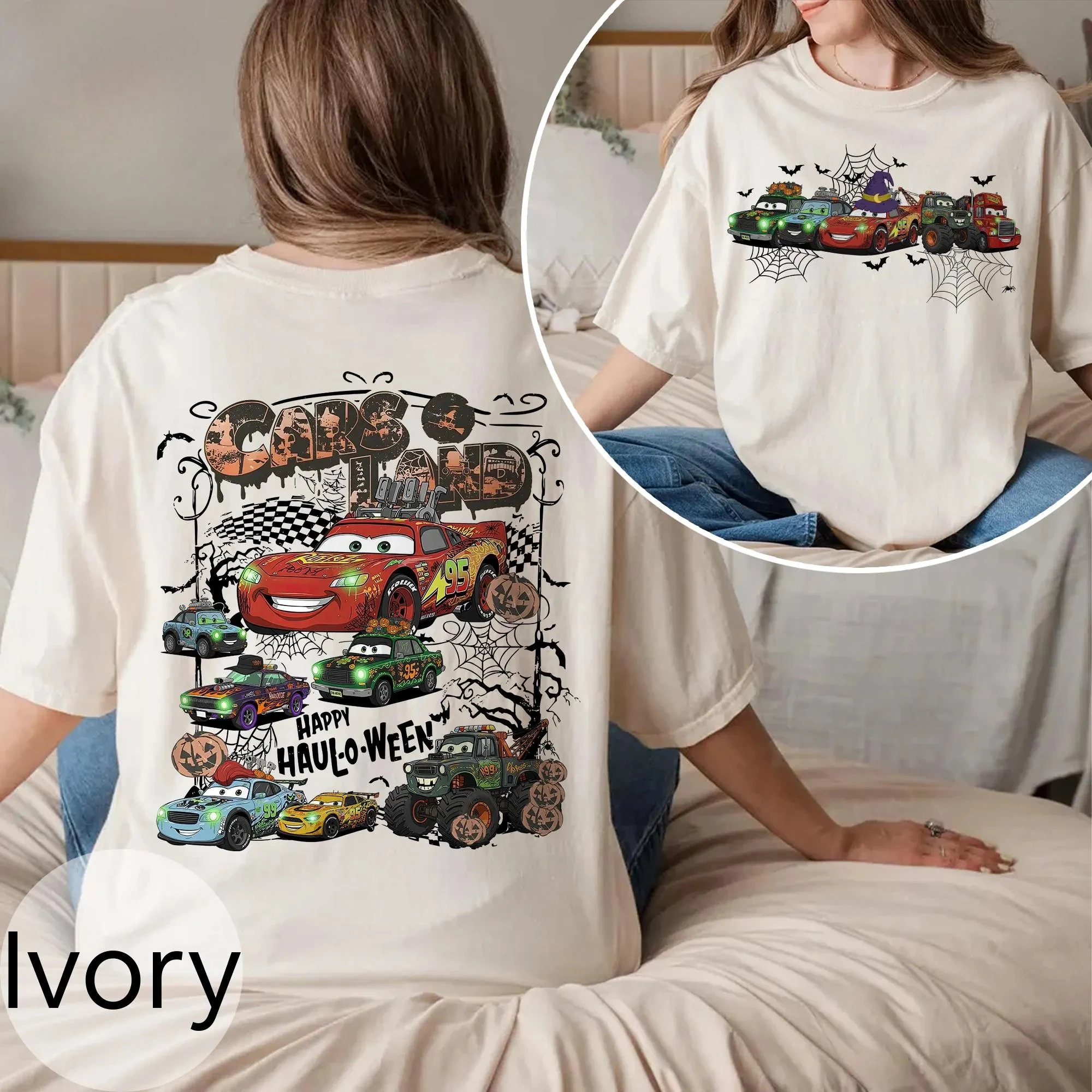 

Рубашка на Хэллоуин с изображением машин Диснея Ретро Disney Cars Land Рубашка на Хэллоуин Молния Маккуин Футболка на Хэллоуин Жуткая рубашка с витаминами