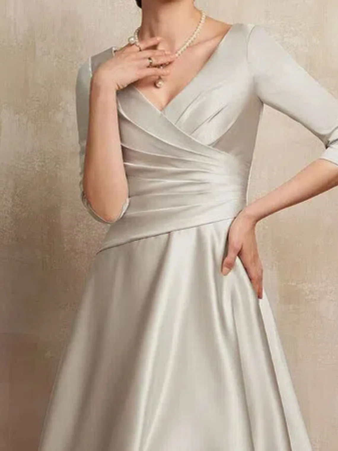 

legant A-line Formal Gown V-Neck Satin Tea-Length Formal Prom Gown Pleated Half Sleeve Wedding Guest Dress 2025 Free Customized