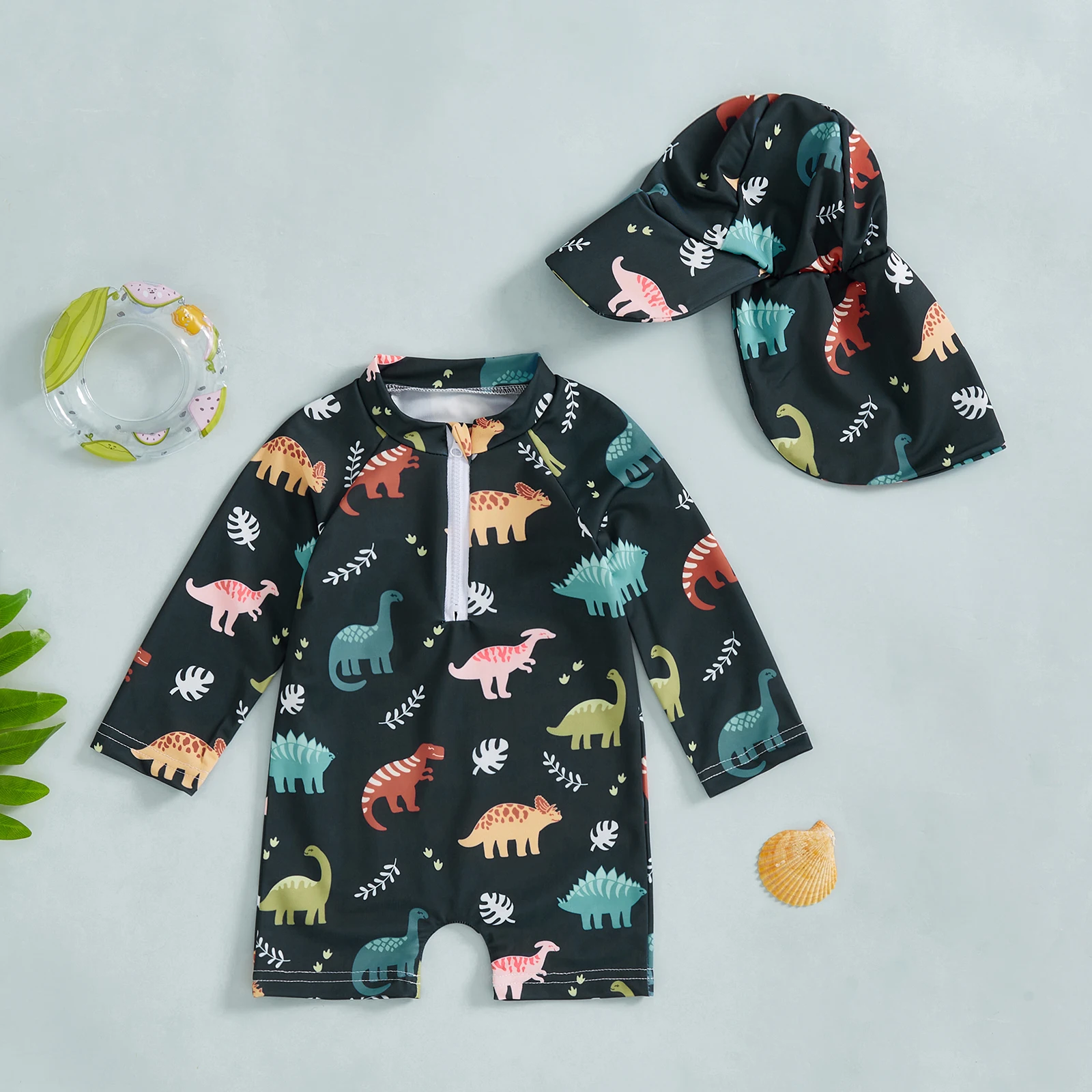 

BeQeuewll Kids Boy Beachwear with Swim Caps Fashion Rash Guard Swimsuit Cartoon Leaf Dinosaur Zip Up Long Sleeve Baby Swimwear