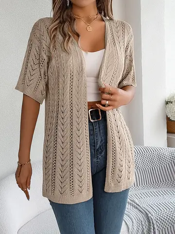 Spring Summer Elegant Knitted Cardigan Hollow Out Short Sleeved Sun Proof Tops for Women