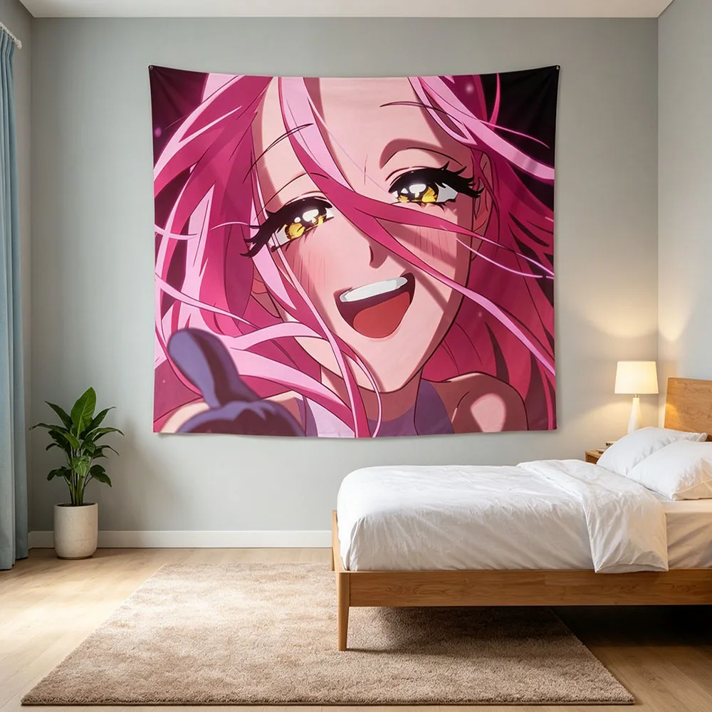 Original Hand Drawn Pink Long Hair Anime Girl Close Up Wall Tapestry, Bright Yellow Eyes Smiling Cartoon Female Portrait Wall Ha