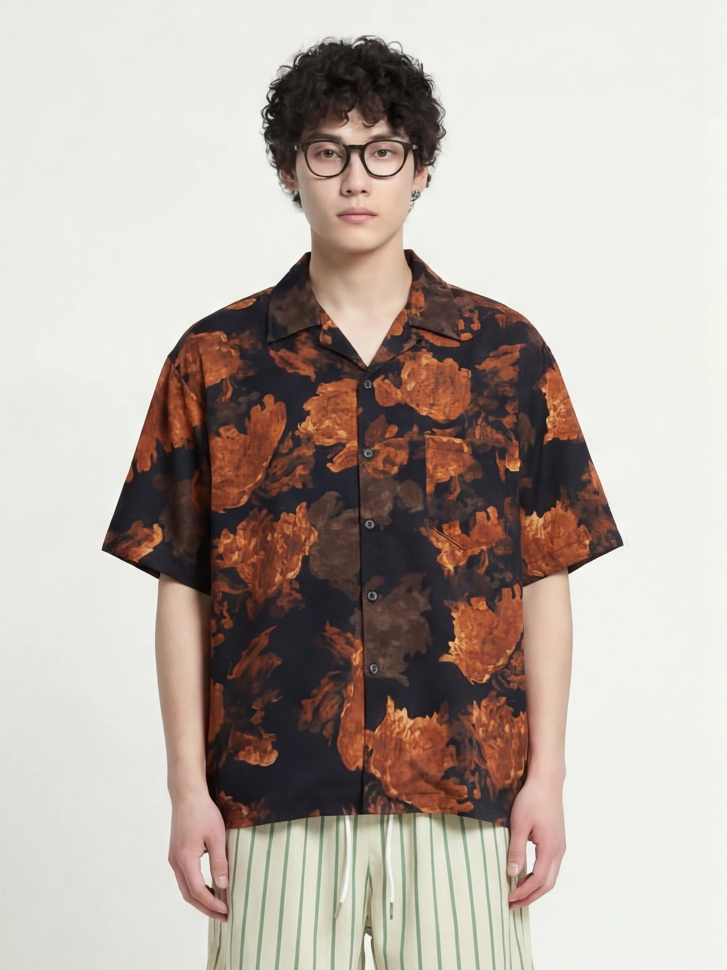 

Свободная винтажная рубашка с коротким рукавом и цветочным принтом, повседневная, из полиэстера, для весны и осени