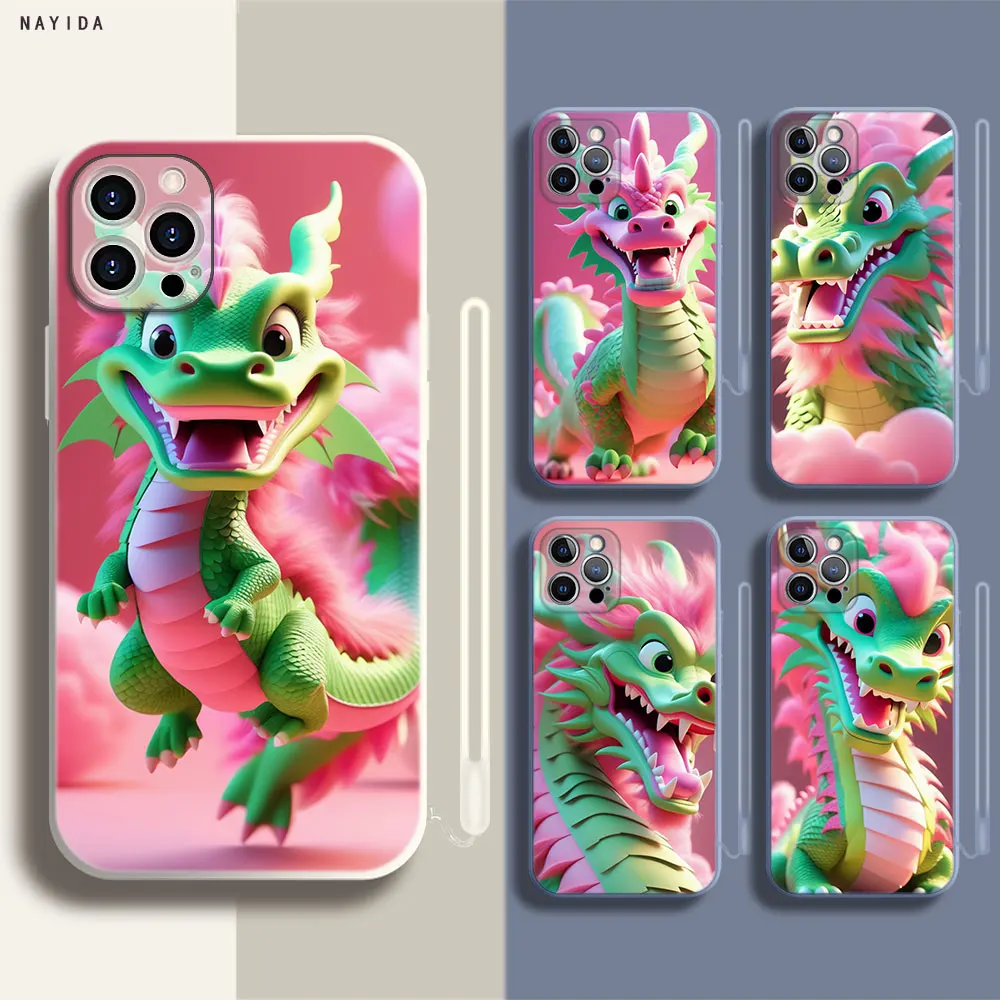 Soft Silicone Phone Case For Apple iPhone 15 14 13 12 11 Pro X XS Max XR Plus Mini Cover Pink green Chinese Loong