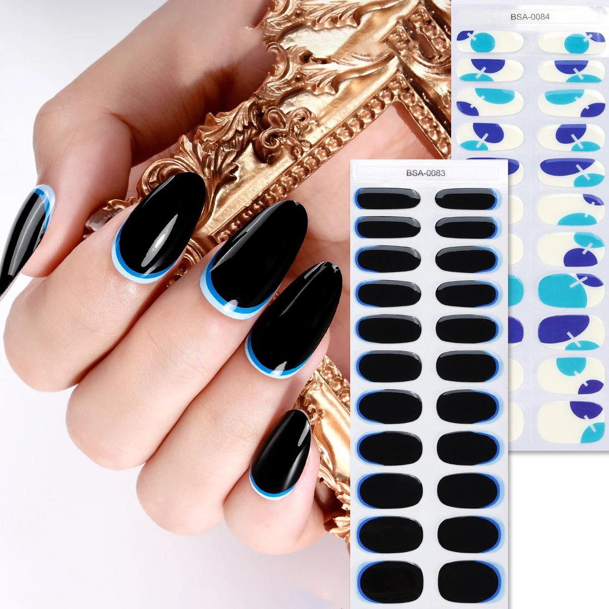 

2pcs Black and Blue Gel Nail Strips French Bake Free Nail Stickers for Women Adhesive Nail Wraps Press on Nails DIY Manicure