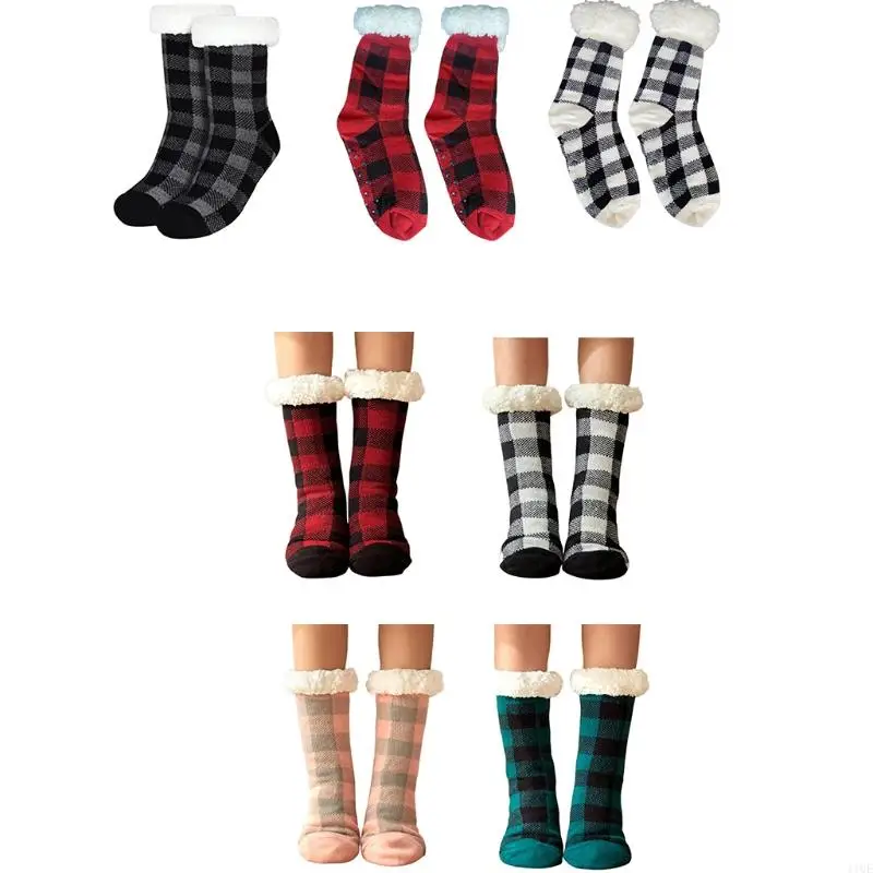 

11UE Women Winter Fuzzy Slipper Socks with Non Slip Grippers Multicolor Plaid Pattern Warm Fleece Lined Thermal Stockings