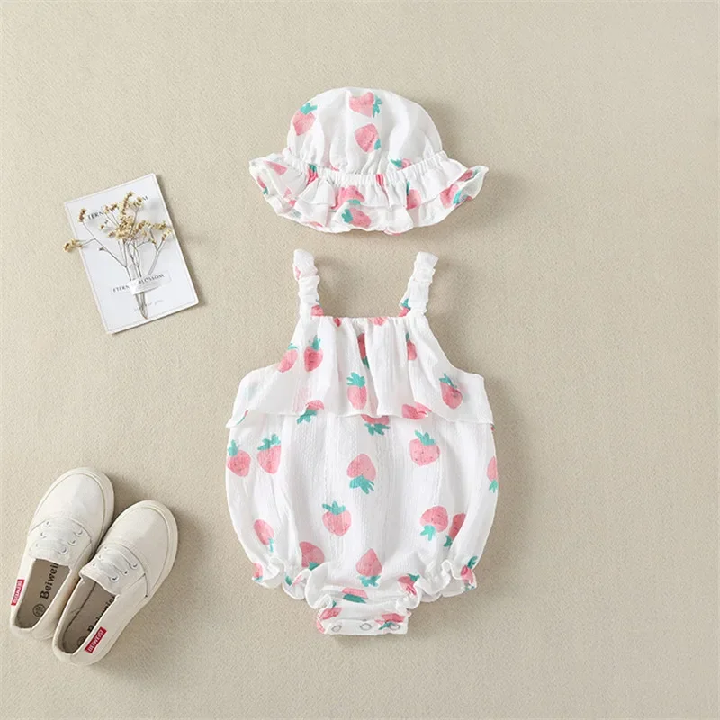 

Girls Strawberry Printed Infant Toddler Rompers with Cap Hat Clothes set Cute Child Clothes Set Jumpsuit Summer Cute Lovely Baby
