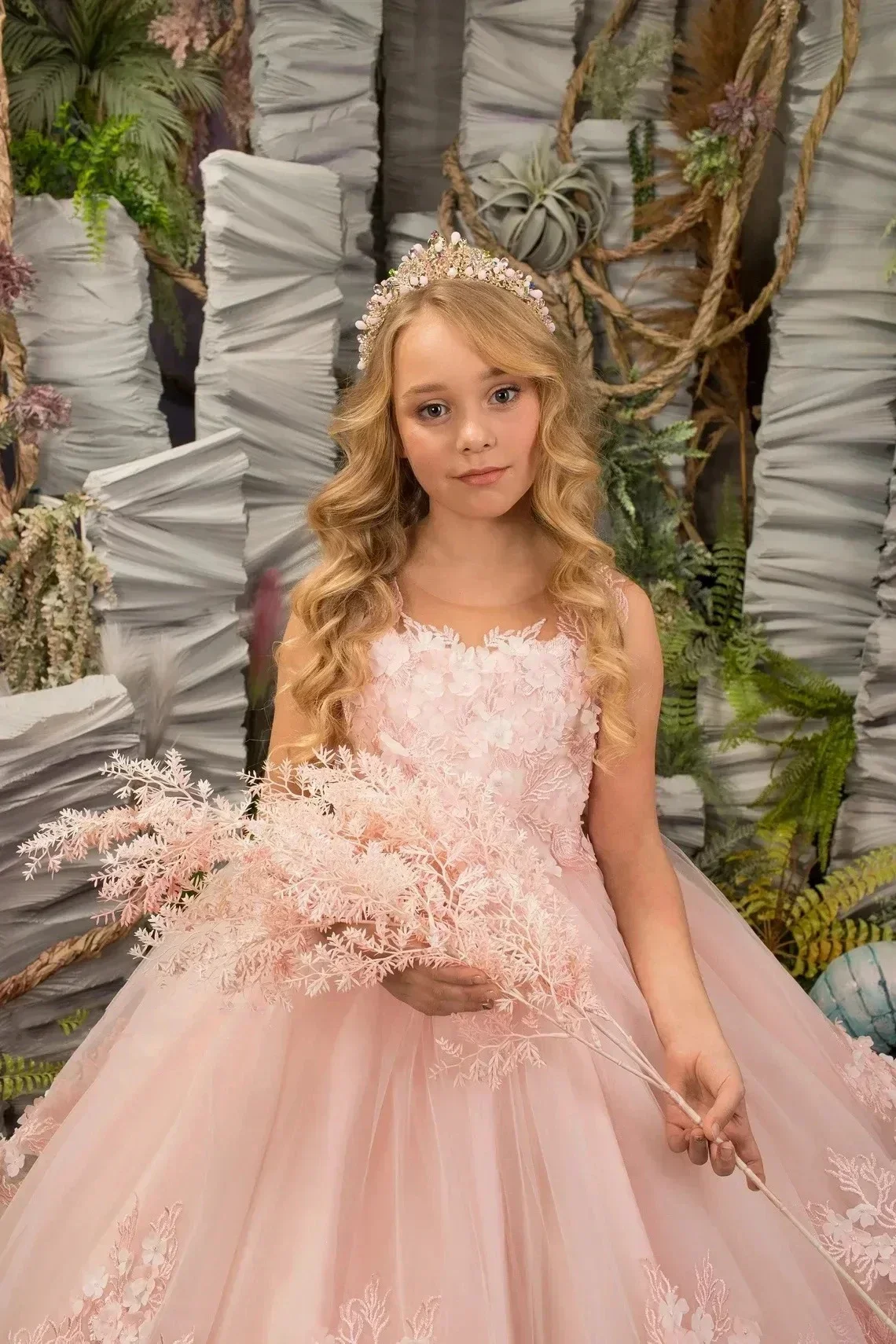 

Розовые платья с цветочным узором для девочек на свадьбу, 3D цветочные аппликации, длиной до пола, детское платье для первого причастия, дня рождения, праздничное платье