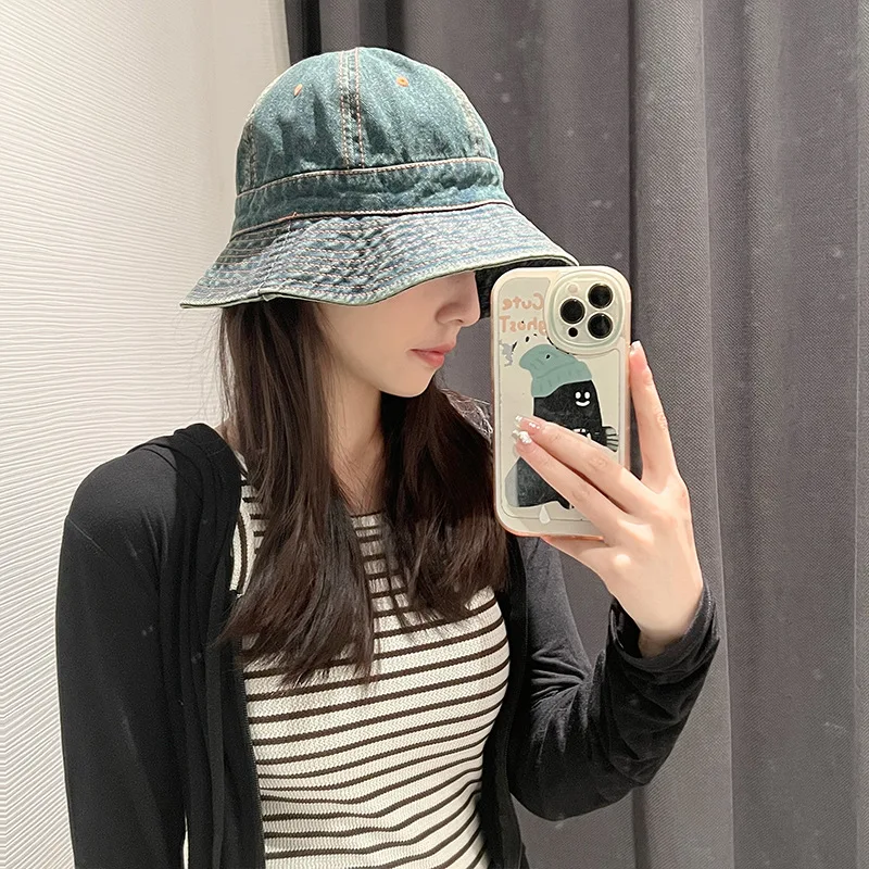 Cowboy fisherman hat for women in spring and summer, Japanese style, small and versatile, plain water bucket hat, big head, sun