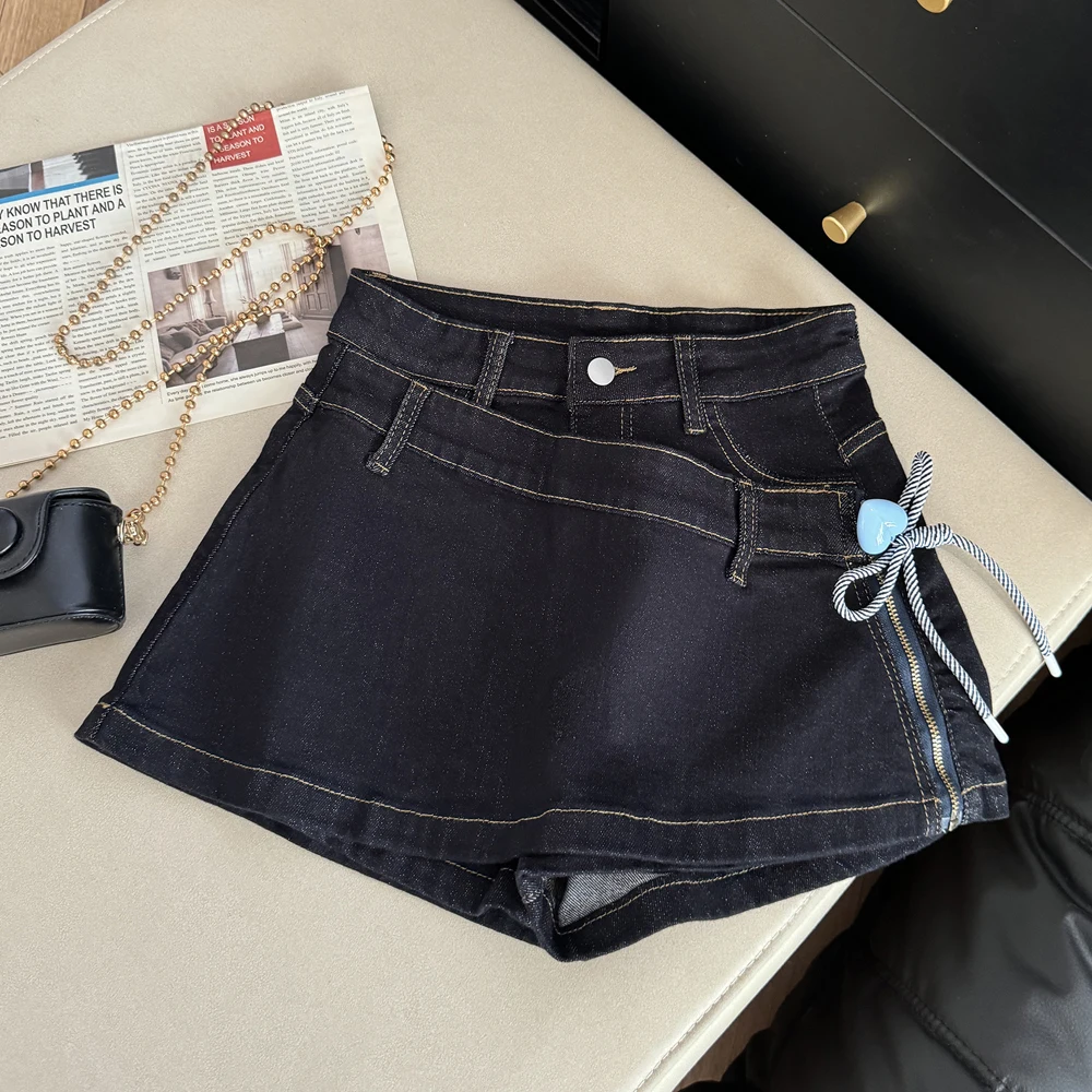 

Women's Blue Lace-Up Asymmetrical Skirt Korean Zipper Love Buckle High Waist A-Line Stretch Slim Hip-Cover Denim Shorts Skirt