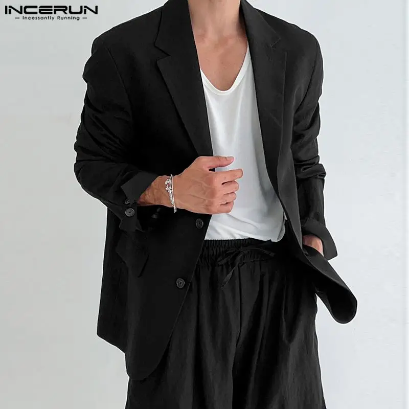 INCERUN 2024 Men Blazer Solid Color Lapel Long Sleeve Streetwear Fashion Button Casual Suits Men Elegant Leisure Thin Coats 5XL