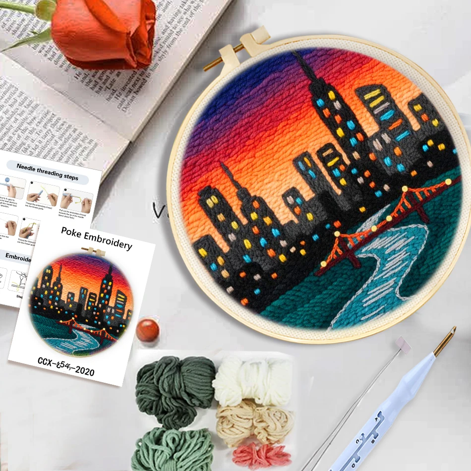 Diy Needle Punch Embroidery Starter Kit Landscape Poking Embroidery Yarn Painting Arts Punch Needle Kits Craft Set Home Decorati