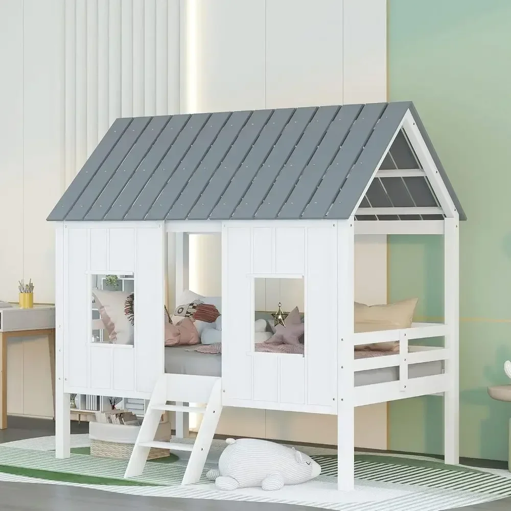 Twin Size White and Gray Wooden Bed with Two Side Windows for Kids' Bedroom Furniture