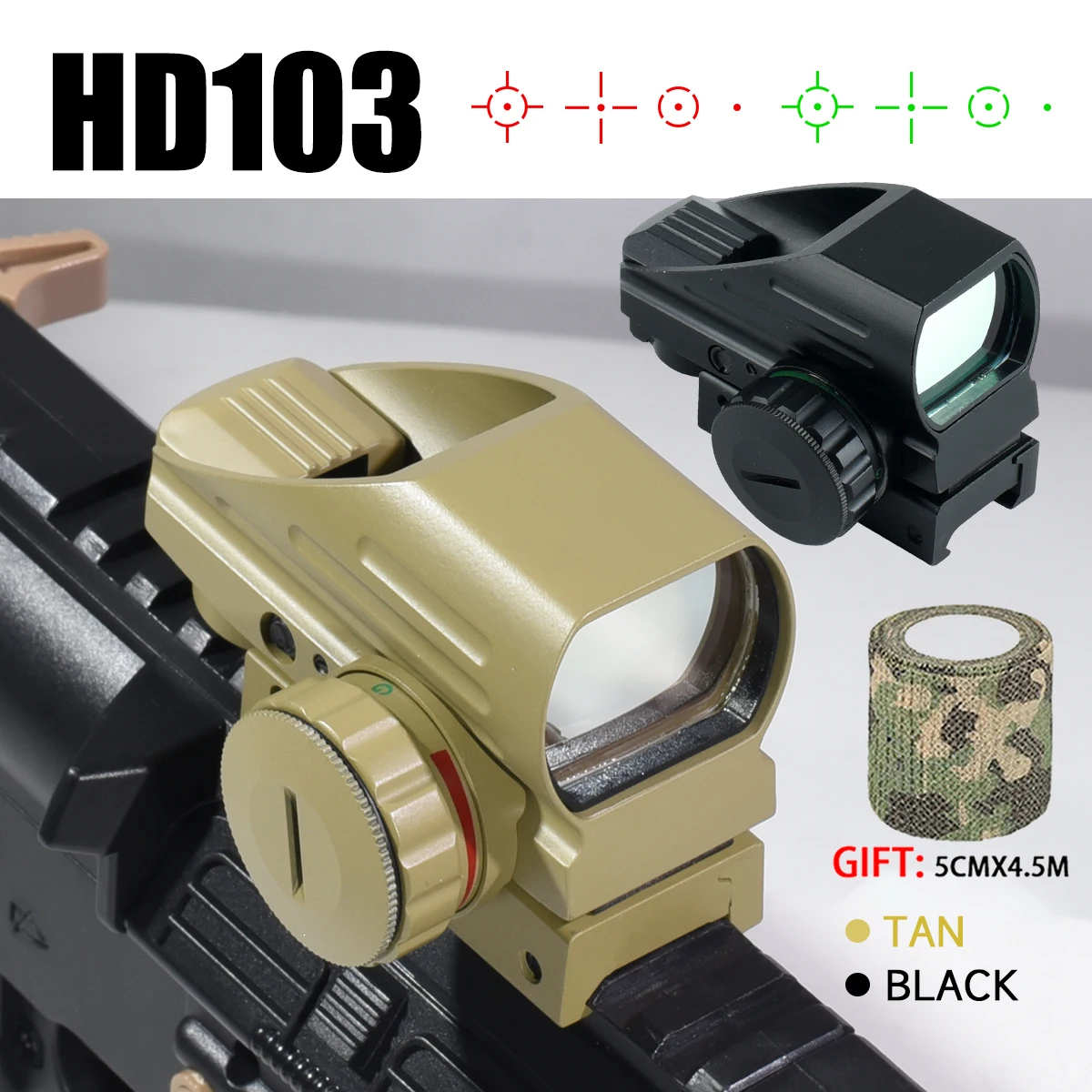 HD103 1x22x33 Green Red Dot Sight 4 Reticle Optics ON & Off Switch Sight  Collimator Optical Riflescope with 20mm Rail Mount