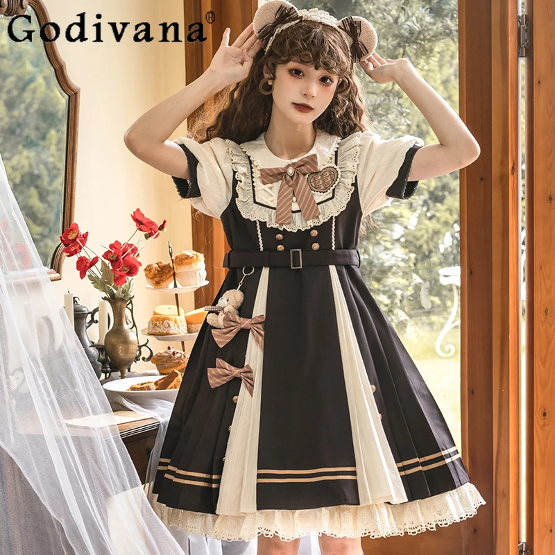 

Japanese Original College Style Lolita Op Dress Elegant Girl Daily Versatile School Jk Comics Bubble Sleeve Lace Bow Dress