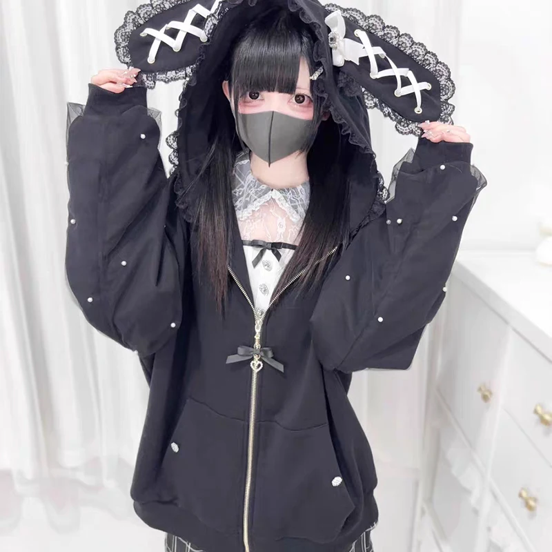 

Милые женские пальто в стиле Jirai Kei Lolita Y2K: элегантные повседневные топы с жемчугом, кроличьими ушками и бантом, в японском стиле, 2025