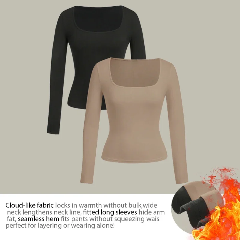 Yoga square neck tight fitting base shirt for women, high elasticity slim fit and slimming, front shoulder long sleeved t-shirt