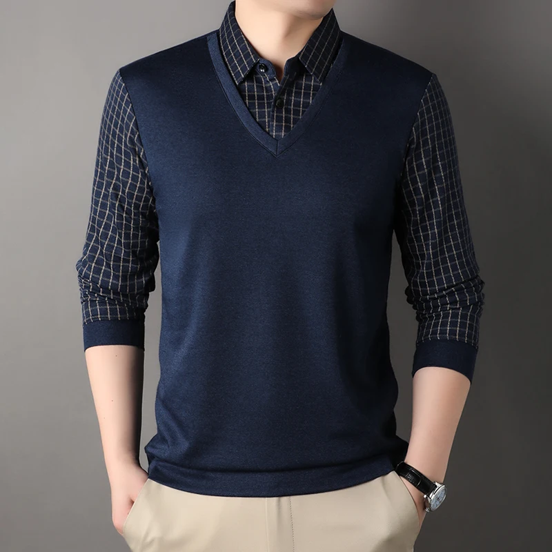 T Shirt for Men Plaid Print Long Sleeve Men T-shirt  Autumn New Fake 2 Piece Patchwork Regular Turn-Down Men Clothing