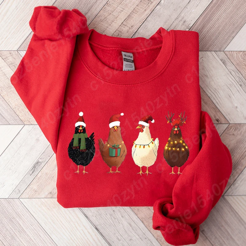 Сute Christmas Chickens Sweatshirt, Funny Christmas Sweatshirt, Crewneck Long Sleeves, Holiday Pullovers, Women Sweatshirts