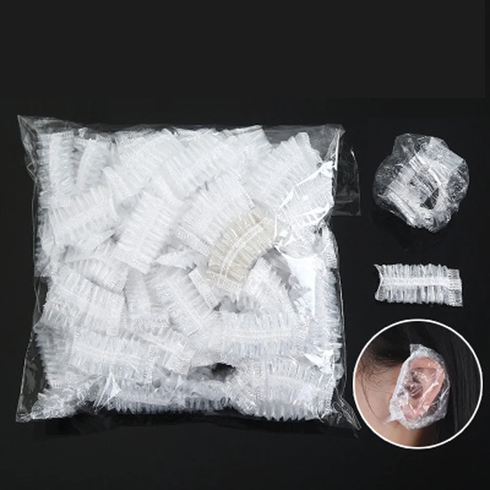 100pcs Disposable Waterproof Plastic Ear Cover Salon Hairdressing Dye Shield Protection Shower Caps Earmuffs Tool Accessories