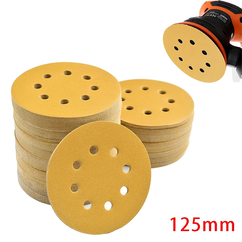 

5 Inch 8 Hole 125mm Yellow Sandpaper, Sanding for Discs Grinder Car Woodworking Metal Grinding Disc Abrasive Polishing Tools