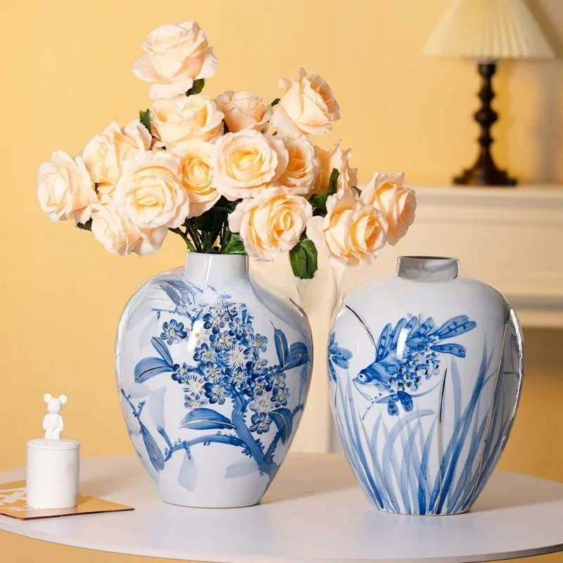 CL  blue and white porcelain vase ornament gold-painted ceramic vase Bogu frame living room vase ornament