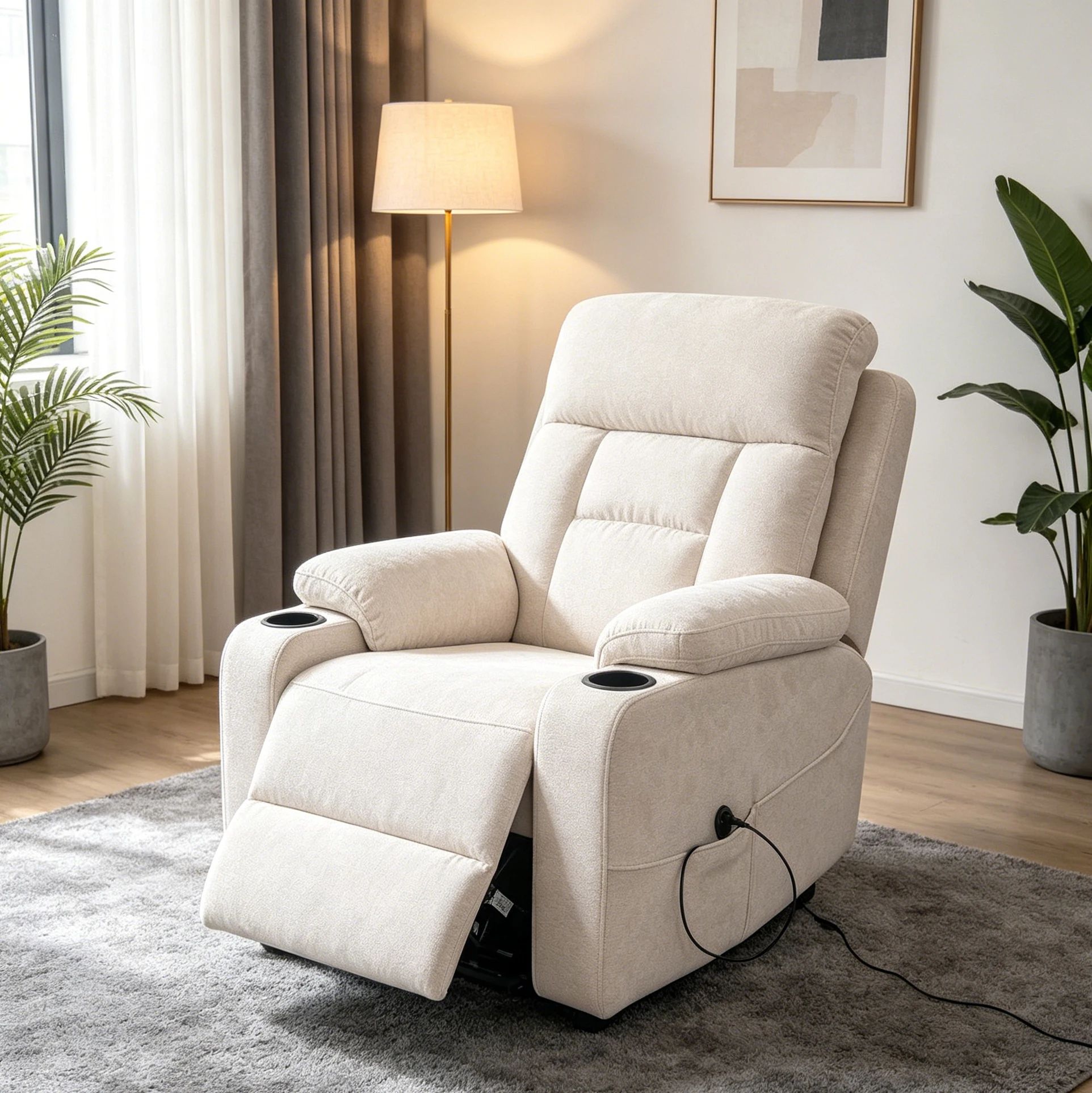 Modern Fabric Power Lift Extendable Recliner Sofa Chair with Side Pockets Metal Frame-For Elderly