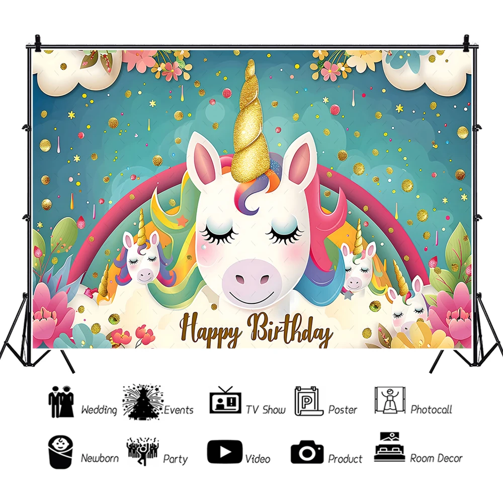 Unicorn Backdrop Rainbow Clouds Stars Glisten Child Birthday Party Decor Newborn Baby Shower Photo Custom Background Banner