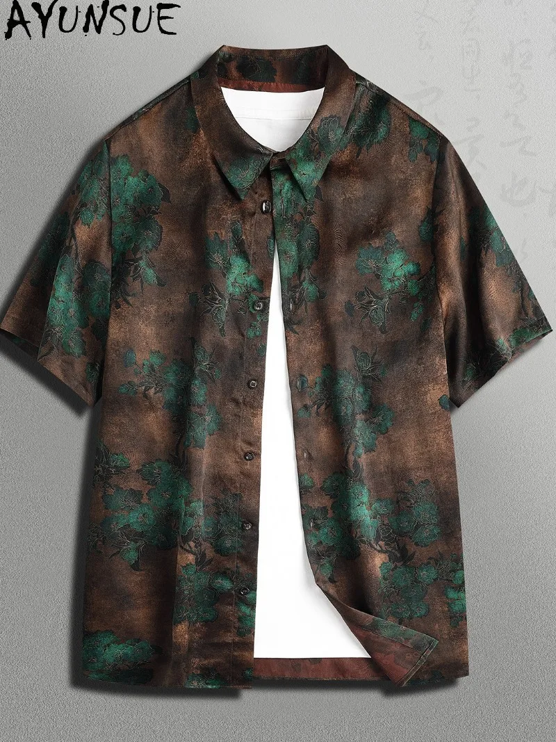 AYUNSUE Luxury 2026 Watered Gauze Shirts for Man High Quality 100%Real Mulberry Silk Shirt Summer Top Printed Short Sleeve Shirt