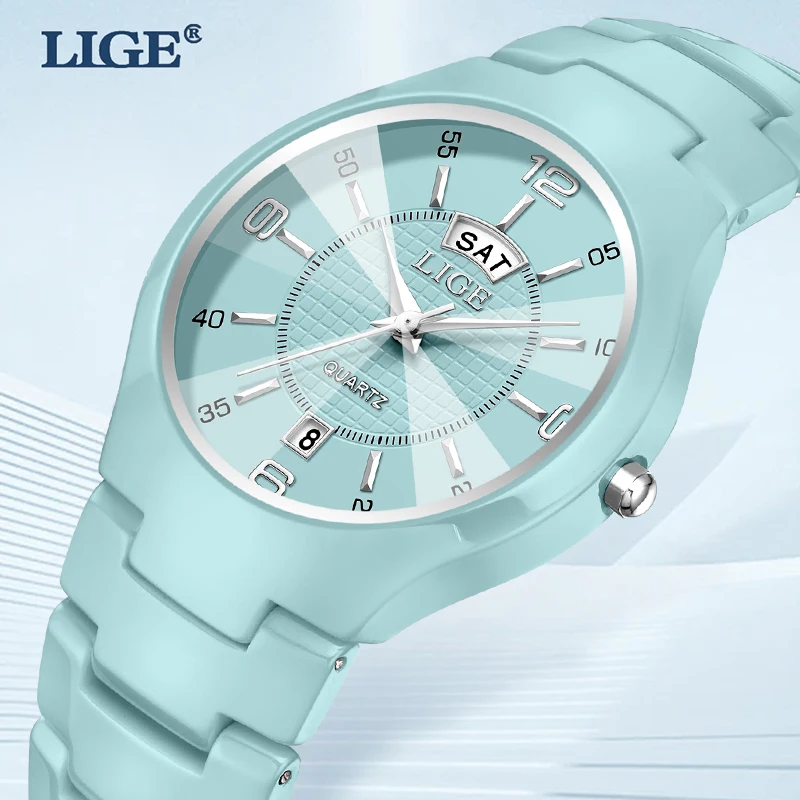 LIGE Elegant Woman Watch Fashion Luxury Date Week Ceramic Strap Clocks Simple Waterproof Ladies Quartz Women Watches Reloj Mujer