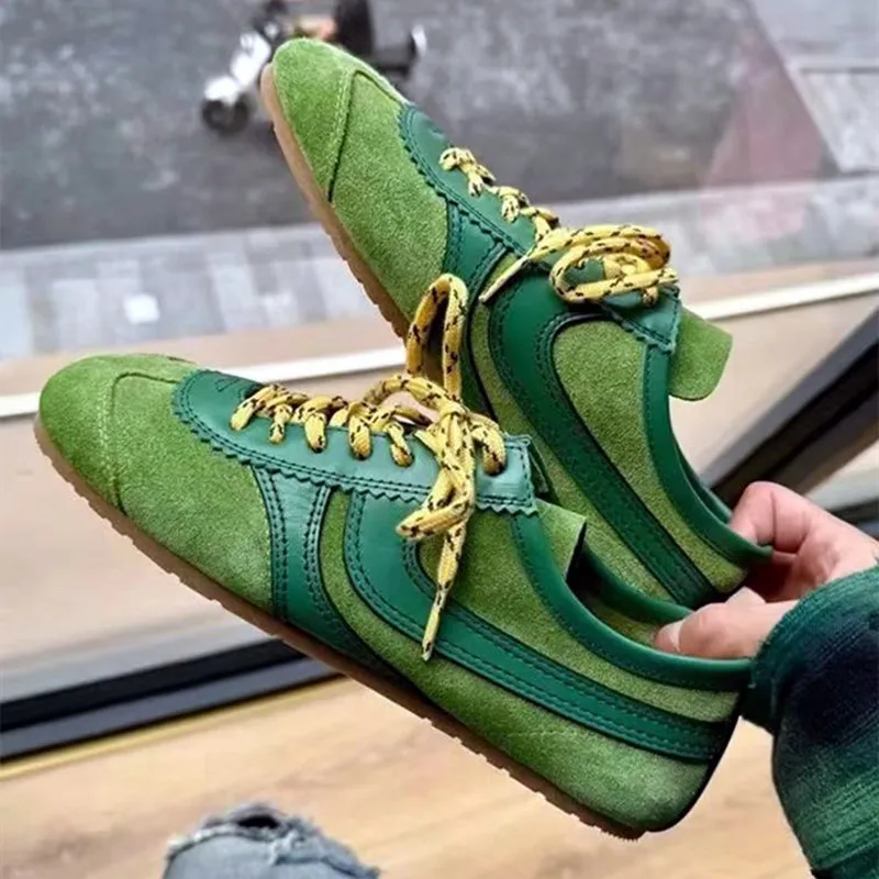 

Genuine Leather Lace Up Women's Sneaker Faux Suede Patchwork Trainers Light Comfortable Flats Breathable Non-slip Running Shoes