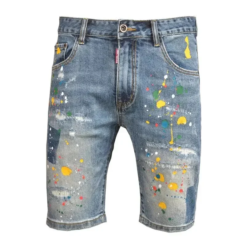Pantaloncini di jeans strappati stampati dipinti ad spruzzo di fascia alta per uomo in estate, pantaloni corti casual slim fit elasticizzati sottili